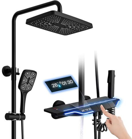 Duschsystem Thermostat Schwarz Klaviertasten Duscharmatur Set mit Digitalanzeige, Umgebungslichter, Duscharmatur Komplettset mit Regendusche 30x20CM, Wannenauslauf, Handbrause, Bidet