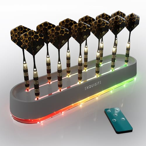 CC-EXQUISITE Dart Holder for Steel and Soft Tips – RGB LED Desktop Display with Remote Control & Adapter, Customizable Lighting for Atmosphere & Ambiance, Holds 12 Darts, Unique Organizer