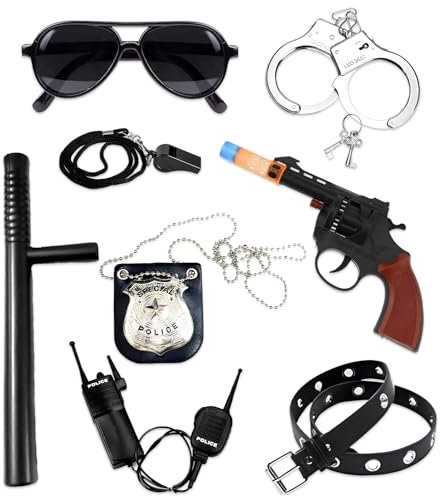 Alaiyaky Polizei Zubehör Set, Polizei Kostüm Kinder Polizei Ausrüstung mit Handschellen Spielzeugpistole Polizei Abzeichen Walkie Talkie Polizei Gürtel, Polizei Set Kinder für Karneval Halloween