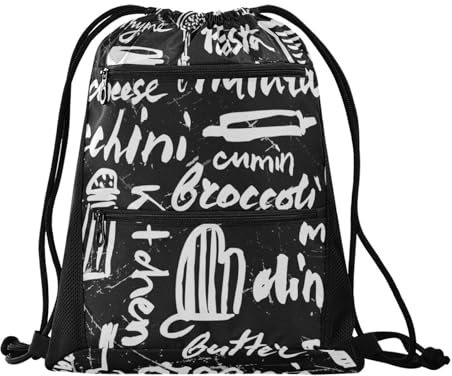 FRODOTGV Chef Bacon Rucksack mit Kordelzug, mit Netztaschen, für Sport, Fitnessstudio, Yoga, wasserabweisend, Schwarz und Weiß, Chef Bacon Schwarz und Weiß, Einheitsgröße
