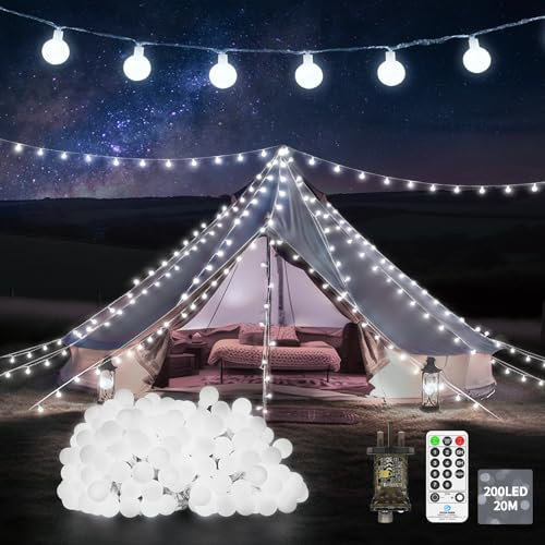 20M 200 LED Fairy Lights Plug in Outdoor Globe String Lights Waterproof with Remote Timer 8 Modes Christmas Lights Powered for Bedroom Patio Garden Tree Party Holiday Indoor Decorations - Cool White