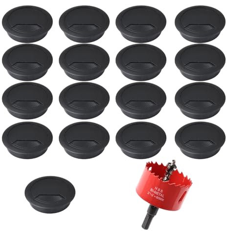 14 Pcs Round Desk Cable Hole Cover & 60mm Hole Saw Drill Bit, Desk Cable Grommet, Desk Cable Hole Cover, Cable Grommet, Desk Hole Cover Black