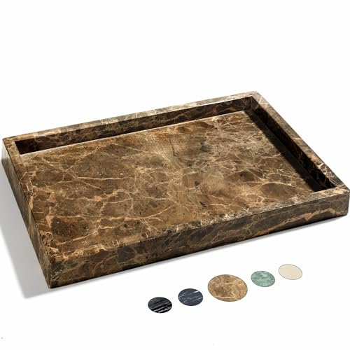 YMXYJM Real Natural Marble Tray for Bathroom, Genuine Marble Stone Vanity Tray, Luxury Storage Trays for Kitchen, Vanity, Home Decor, Dresser, Non-Resin/Non-Ceramic, 12x 8x 1.2, Dark Brown