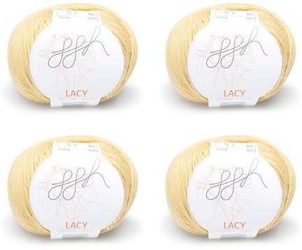 ggh Lacy Set | 4x25g (insgesamt 100g) Set| 150m/25g Merinowolle mit Seide zum Stricken | Farbe 028 - Senfgelb