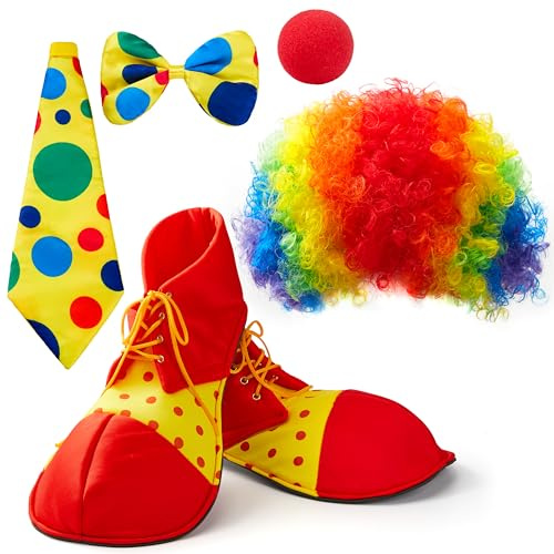Spooktacular Creations 6-tlg. Clown Kostüm Set für Erwachsene – Regenbogen Perücke, Rote Nase, Fliege, Krawatte & Schuhe – Ideal für Halloween, Karneval, Zirkus Motto Party & Fasching Damen Herren