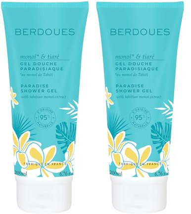 BERDOUES - Gel douche Monoï et Tiaré, Lot de 2. Made in France, Vegan, Sans sulfate, 200ml