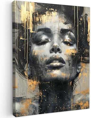 MuchoWow© Leinwand Deko Schlafzimmer Aesthetic Leinwandbilder Wohnzimmer | 50x70 cm - Gemälde Foto Geschenk Living Room Decoration Frau - Kunst - Gold - Abstrakt - Glamour
