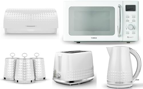Tower Solitaire White 1.5L 3KW Jug Kettle, 2 Slice Toaster, T24041WHT 800W 20L Digital Microwave, Bread Bin & Canisters. Matching Contemporary Design Kitchen Set of 7 in White & Chrome