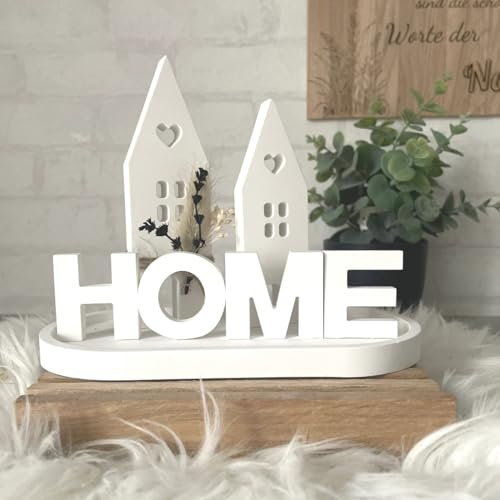 Weiße Häuser auf Tablett mit Schriftzug HOME, moderne Dekoration, Geburtstagsgeschenk Frau, Lichthäuser, Boho Deko, Deko Wohnzimmer, KB Deko