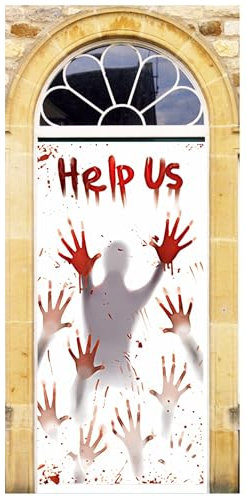 AKH® Halloween Door Cover | 201cm x 89cm | Spooky Door Decoration, Scary Door Banner & Vinyl Wrap for Entrance | Perfect Halloween Doorway Sign & Poster for Haunted House Decor (Help Us)