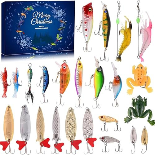 Adventskalender Angeln Weihnachts Countdown – 24 Tage Angelköder, Weihnachts-Advents-Countdown, Angel-Adventskalender 2024 für Männer, Erwachsene, Teenager