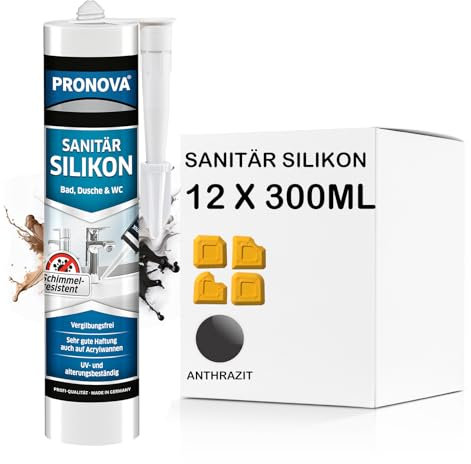 Sanitär Silikon - schimmelresistent für Dusche und Bad, lösungsmittelfrei 300ml Kartusche (12, Anthrazit)