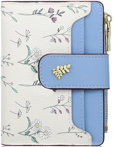 Farcauo Portemonnaie Damen Geldbeutel Frauen Geldbörsen Klein Damen Portemonnaie Mini Geldbörse mit Blau Blumen Design für Frauen Klein Portmonee mit Ausweisfach und Kartenhüllen