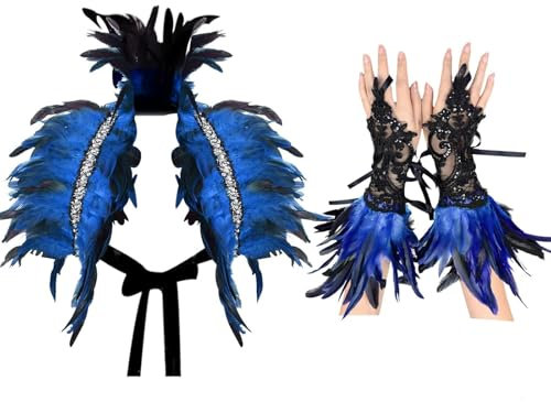 AUNGCSHE 3 Stuck Feder kostüm Set , Gothic Federkragen, Spitze Feder Handschuhe, Federumhang, Feder Manschetten Geeignet für Karneval, Ostern Gotische Kleiderparty(Blau)