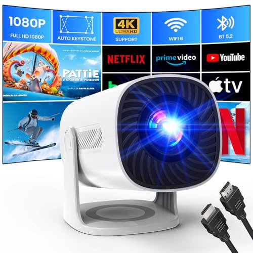 Mini Vidéoprojecteur 4K 1080P Projecteur avec Modes Étoiles WiFi6 y Bluetooth Projecteur avec Apps et Android TV OS, Auto Keystone Haut-parleurs Stéréo, Compatible avec TV Stick/Smartphone/HDMI, Blanc