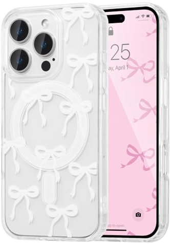 UEEBAI Magnetic for iPhone 16 Pro Max Case, Bow Case Compatible with MagSafe, Wireless Slim Clear Ribbon Aesthetic Phone Case Anti-Yellowing Shockproof Protective Cover for Women Girl - White
