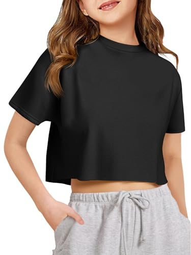 Haloumoning Girls Crop Top Short Sleeve Shirts | Crew Neck T-Shirt,Plain,Sports,Summer,School Daily Wear,Fashion,Kids Clothes,Children