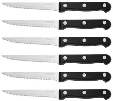 AURMOO Set di 6 Coltelli da Bistecca, Set di Coltelli da Carne, Affilata Coltelli da Bistecca, Sets Coltello Bistecca, Coltelli da Cucina in Acciaio Inossidabile, Coltellos da Tavola Seghettat.