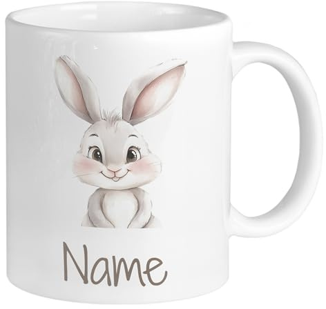GRAZDesign Personalisierte Kinder Tasse mit niedlichem Hasenmotiv – Individueller Name Keramik 330ml
