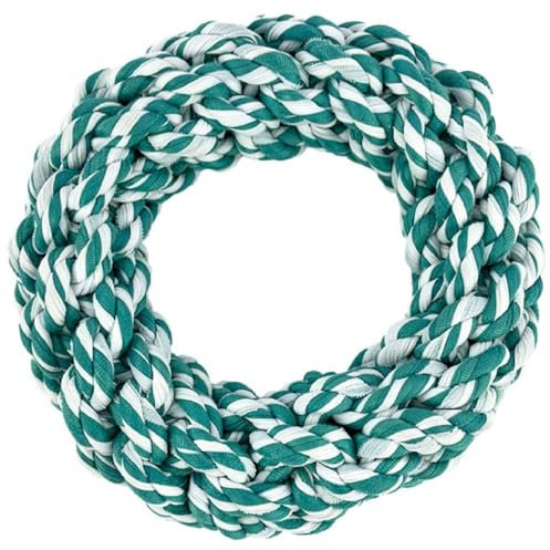 HugglePets Recycled T-Shirt Rope Dog Toy | Knotted Ring Tugger | Teal and White | Massages Gums and Cleans Teeth | 17cm | Interactive Tug of War Play | Puppy Chew, Throw, Fetch Tug Toys