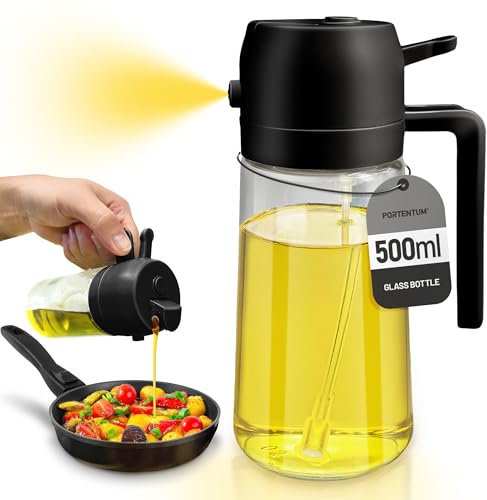 PORTENTUM 500 ml Spray huile cuisine 2 en 1 foncé anti-lumière de cuisson - Vaporisateur huile avec flacon de qualité alimentaire - Pulvérisateur d'huile en verre pour la cuisine (Noir)