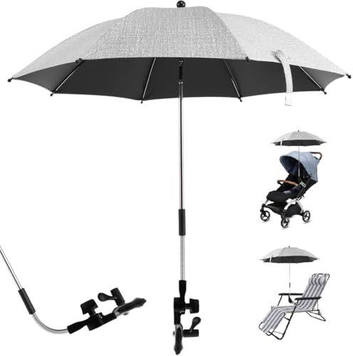 Pram Parasol Universal Pram Umbrella 360° Adjustable Garden Chair Sunshade Baby Stroller Umbrella with Fixing Clamp Parasol for Garden Camping Beach Chair (Grey, 75cm)