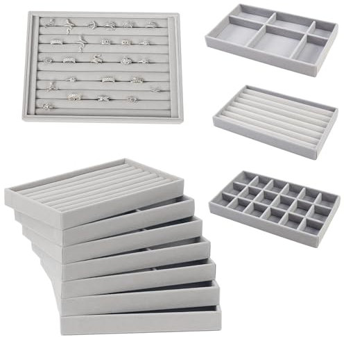 YOZAIUUI 10Pcs Stackable Jewellery Organiser Trays: Velvet Jewellery Drawer Organizer for Bracelet Necklace Ring Earring Storage and Display Suitable Gifts for Mother Wife (Grey)