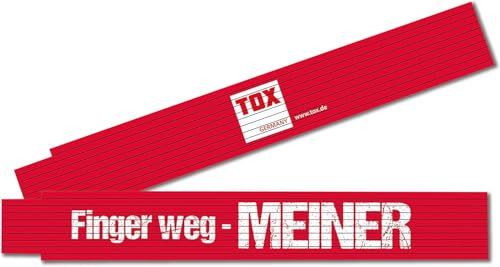 TOX Zollstock M 2m in rot - Meterstab mit Aufdruck Finger Weg Meiner - Gliedermaßstab aus Buchenholz mit Winkelmessfunktion und farbigen Dezimalzahlen - Genauigkeitsklasse III - 9969006-1 Stück