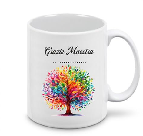 Tazza in Ceramica Grazie Maestra, Albero della Vita Colorato, Regalo Fine Anno Scolastico Personalizzabile con Nome