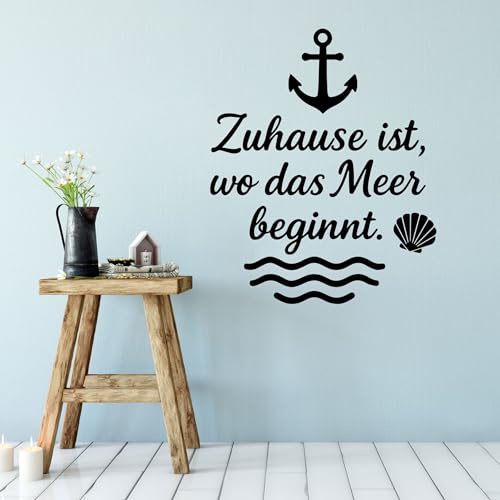 Wandtattoo Maritimes Zuhause ist wo das Meer Maritim Wandaufkleber Wanddeko | Selbstklebende Vinylfolie für Bad Wohnzimmer Ferienhaus Glas im maritimen Küstenlook Farbe je nach Wahl Größe 30 x 35 cm