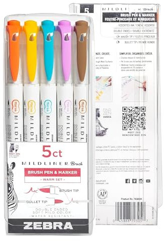 Zebra Doppelend-Pinselstift-Set, Mildliner, wasserfeste Pigmenttinte, feine und Pinselspitze, nicht verfärbte Filzstifte für Erwachsene, Journaling, Planung, Scrapbooking, verschiedene Farben, 5 Stück