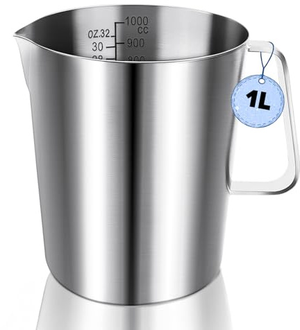WJMY Messbecher 1L Edelstahl, metall messbecher Mit Griff, Mit Unzen- Und Ml-Skala, Lebensmittelqualität 304 Edelstah, fur Milchkännchen, Kaffeekanne, Eiskübel, Spülmaschinenfest, Silber (1000ML)
