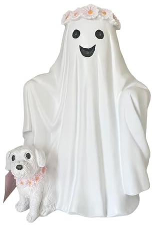 Cute Geist Statue, Geist Hundespaziergang Figuren mit Hund, Gruselig Geister 2025 Halloween Geisterfigur, Halloween-Statue Desktop Ornamente Halloween Deko Indoor Geist (Beige)
