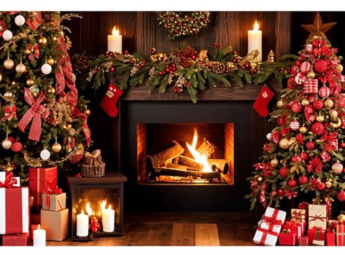 GCIREC 10x8ft Roter Weihnachtsbaum Hintergrund Winter Kamin Dekorationen Familie Urlaub Party Fotografie Hintergrund Weihnachten Banner Fotostudio Kinder Fotografie Requisiten