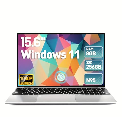 2025 Latest 15.6'' Laptop, 8GB RAM 256GB SSD, 12th Processor N95(3.4GHz), FHD Display, 8000mAh Battery, Backlit Keyboard, Compatible with Windows11, Fingerprint, Webcam, Mini-HDMI, WiFi5, TF Card Slot