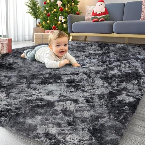 BOYIFEIJIE Hochflor Teppich Flauschig Batik-Dunkelgrau 140x200 cm, Waschbar & rutschfest Extra Große Flauschteppich, Weicher Kuschelteppich für Schlafzimmer Wohnzimmer Kinderzimmer