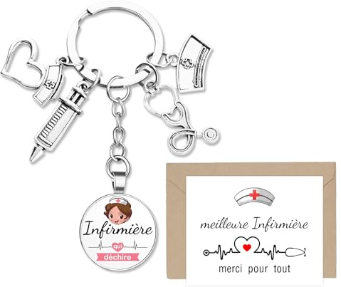 Kit de Cadeau Aide-Soignante Porte-clé Aide-Soignante au Top Pendentif Porte-clef Breloques et Carte de Vœux avec Enveloppe pour Fête Noël Anniversaire
