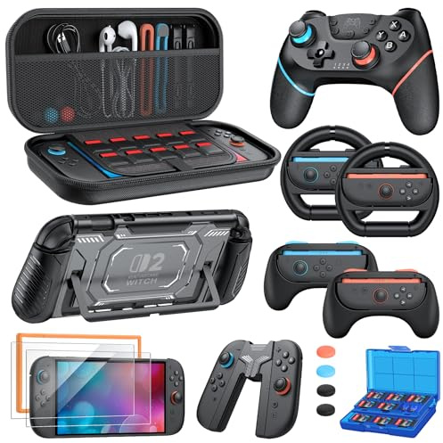 Switch 2 Pro Controller Zubehör Bundle für Nintendo Switch 2 | Pro Controller, Tragetasche, Lenkräder, Griffe für JoyCon, Schutzhülle für Nintendo Switch 2 Konsole mit Ergo Griffen