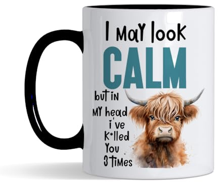 Funny Cow – “I May Look Calm But in My Head I’ve K*illed You 3 Times” – Animal Humor Gifts for Friends, Cow Lovers, Men, Women, Inside Coloured Mug,Ceramic Coffee, Tea Mug. (Black)