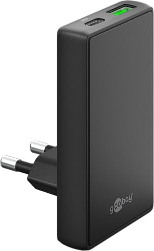 goobay 65W Flaches GaN USB C Ladegerät, Dual-Port (USB-C & USB-A) Schnellladegerät – 90° Flat Design, ultraflach & platzsparend, für Apple, Samsung, Huawei, sowie Tablets & etc., Schwarz – 75723