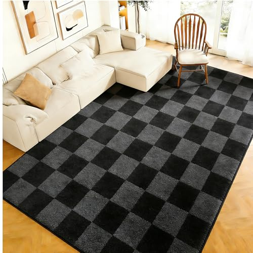 WohnzimmerTeppich Mit Karomuster, Kurzflor, 140X200cm, Schwarz und Grau | Teppich Weicher Pflegeleicht, rutschfeste Rückseite, Modernes Design, für Wohnzimmer, Schlafzimmer, Kinderzimmer