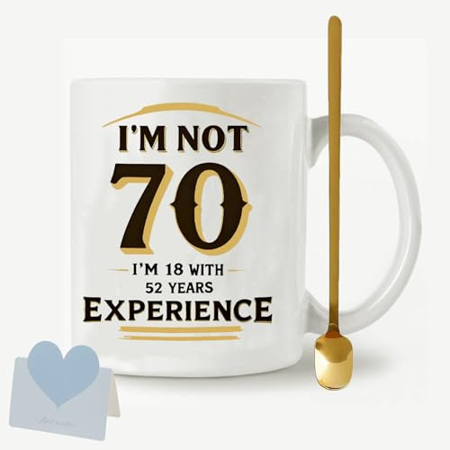 JOUWOTM 70th Birthday 11oz Ceramic Mug 18 with 52 Years Experience | 11oz ceramic mug with metal spoon. Microwave & dishwasher safe. 70th birthday gift for mom, dad, grandma, grandpa.