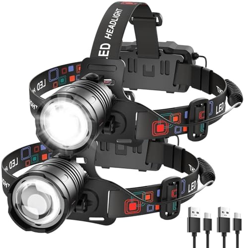 AURIVEE Stirnlampe 2er Pack – Wiederaufladbare LED Kopflampe Extrem Hell mit 90° Neigung & Zoom, Perfekt für Wandern, Camping, Angeln, Laufen und Outdoor Arbeiten