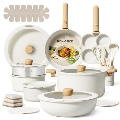 CAROTE 33pcs Pots and Pans Set Non Stick, Cookware Set Detachable Handle | Induction Compatible, Dishwasher & Oven Safe, Space Saving, Camping Cooking Set, Kitchen Set