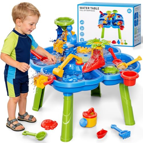Sand Wasser Tisch für Kleinkinder 1-3, Kinder Outdoor Aktivität Wassertische mit Strand Spaß Sandspielzeug, Sommer draußen Spielzeug Wasser Spielset für Kleinkinder Jungen Mädchen Alter 2 3 4 5 6 7 8
