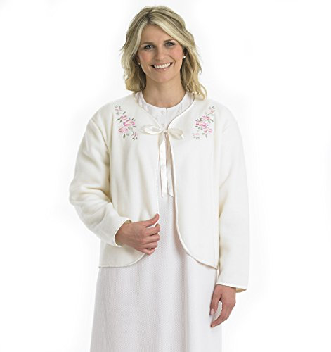 Slenderella Ladies Polar Fleece Ribbon Tie Bed Jacket Floral Embroidered House Coat 24/26 (Vanilla)