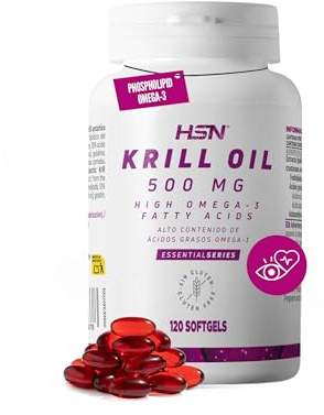 HSN Krill Oil : Huile de Krill 500mg, Source d'Omega 3 (DHA, EPA), Avec Astaxanthine et Phospholipides - Antioxydant puissant - Matière première RIMFROST, Sans Gluten, Sans Lactose, 120 billes