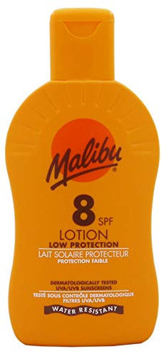 Malibu Niedriger Schutz, wasserabweisend, mit Vitamin angereichert, LSF 8, Sonnencreen-Lotion, Spray mit Sheabutter-Extrakt, 200 ml