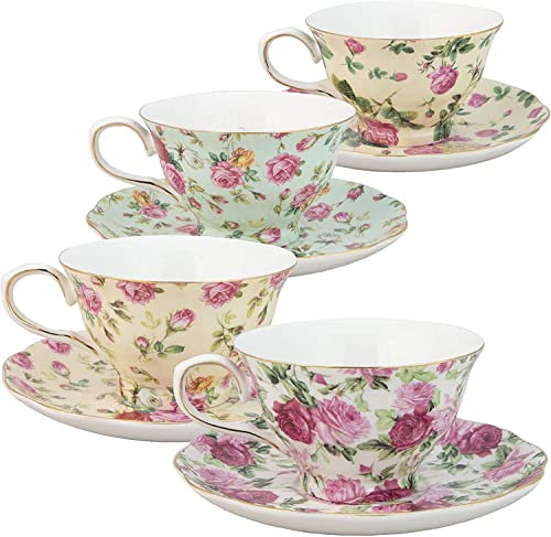 Gracie China by Coastline Imports 33708B Rose Chintz 8-Ounce Porcelain Tea Cup and Saucer, Multicolor