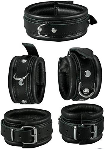 Bondage Set gepolstert echt Leder Hand und Fuß Fesseln Fessel + Halsband Fesselset schwarz Handfesseln Fußfesseln gepolstert TOP QUALITÄT